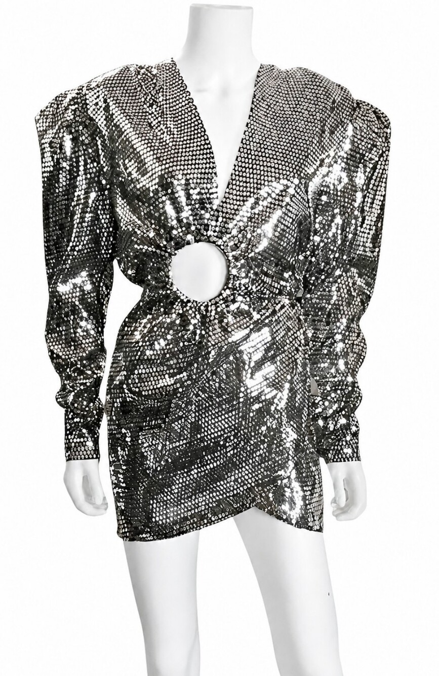 MACH & MACH | SS20 Mirrored Tile Cutout Mini Dress Puff Sleeve Silver M
